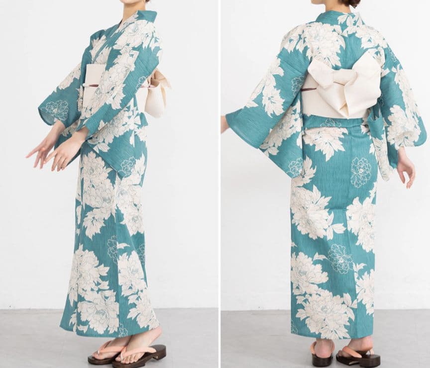 ✿新品未使用　綿麻浴衣　ターコイズブルー　高級浴衣　碧色　牡丹　夏着物