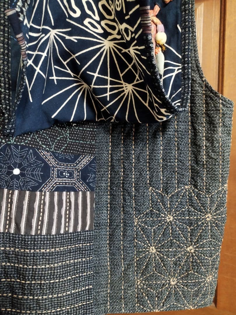 古布　久留米絣　刺し子　藍染　絵絣　ベスト