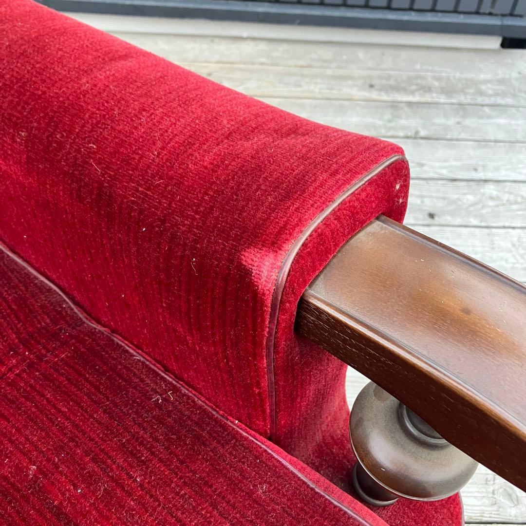 ① 昭和レトロ 古家具 一人掛けベロアソファー アームチェア ヴィンテージ 赤