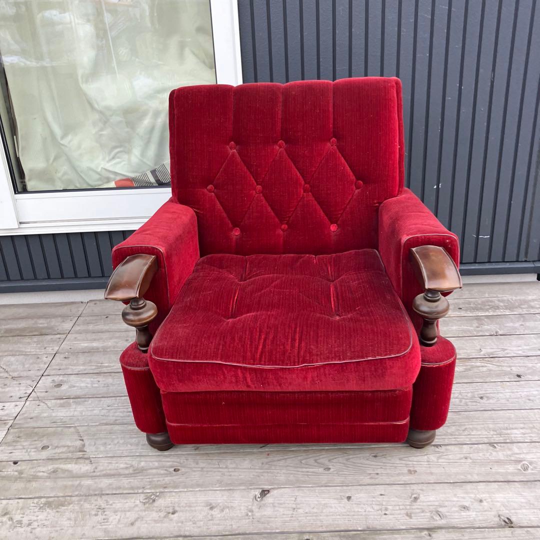 ① 昭和レトロ 古家具 一人掛けベロアソファー アームチェア ヴィンテージ 赤