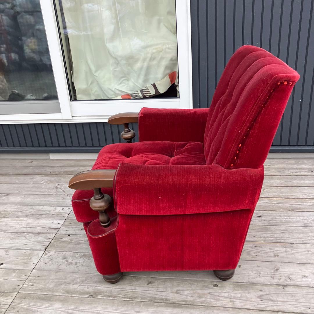 ① 昭和レトロ 古家具 一人掛けベロアソファー アームチェア ヴィンテージ 赤