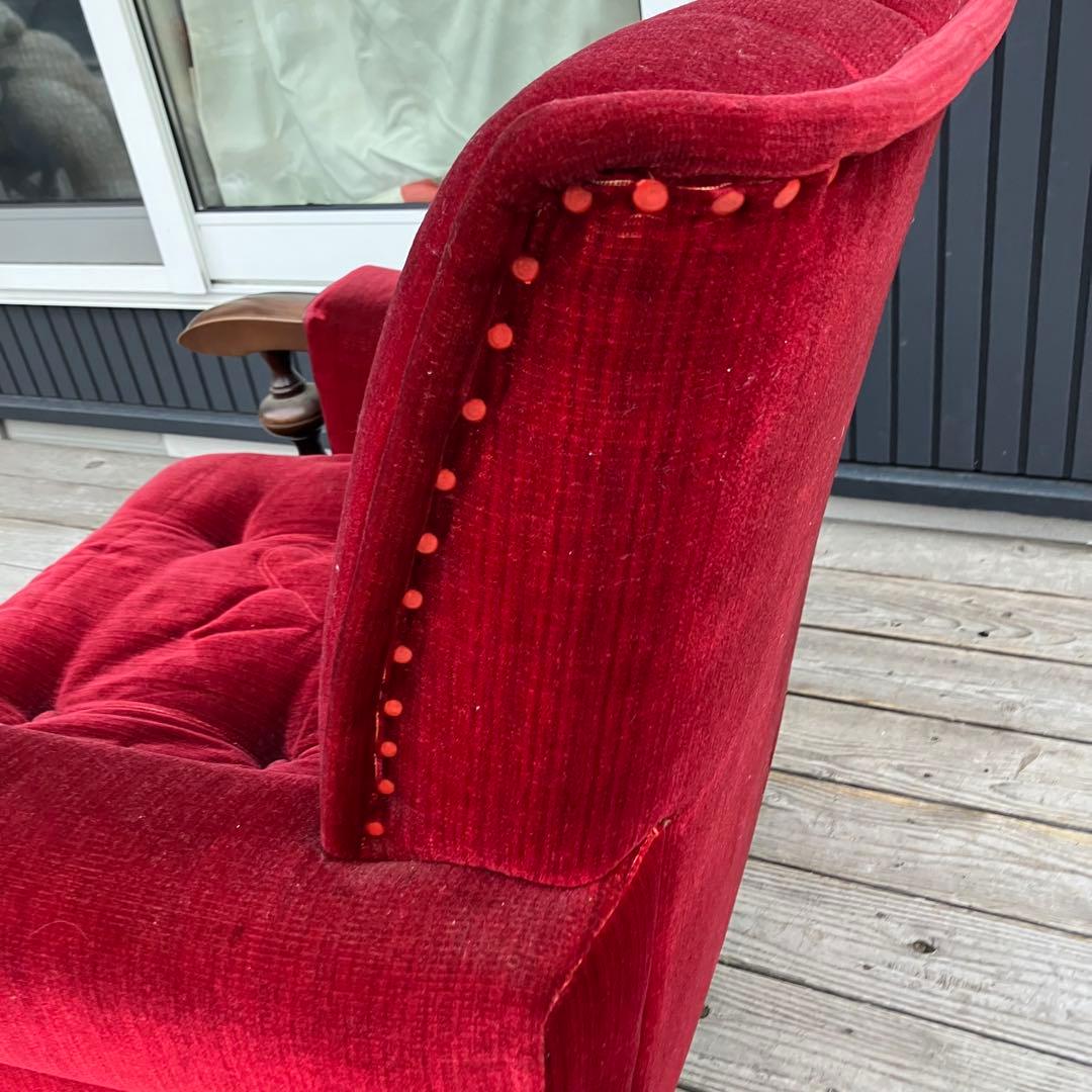 ① 昭和レトロ 古家具 一人掛けベロアソファー アームチェア ヴィンテージ 赤