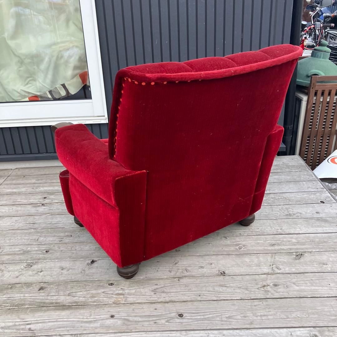 ① 昭和レトロ 古家具 一人掛けベロアソファー アームチェア ヴィンテージ 赤