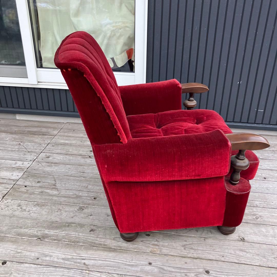 ① 昭和レトロ 古家具 一人掛けベロアソファー アームチェア ヴィンテージ 赤