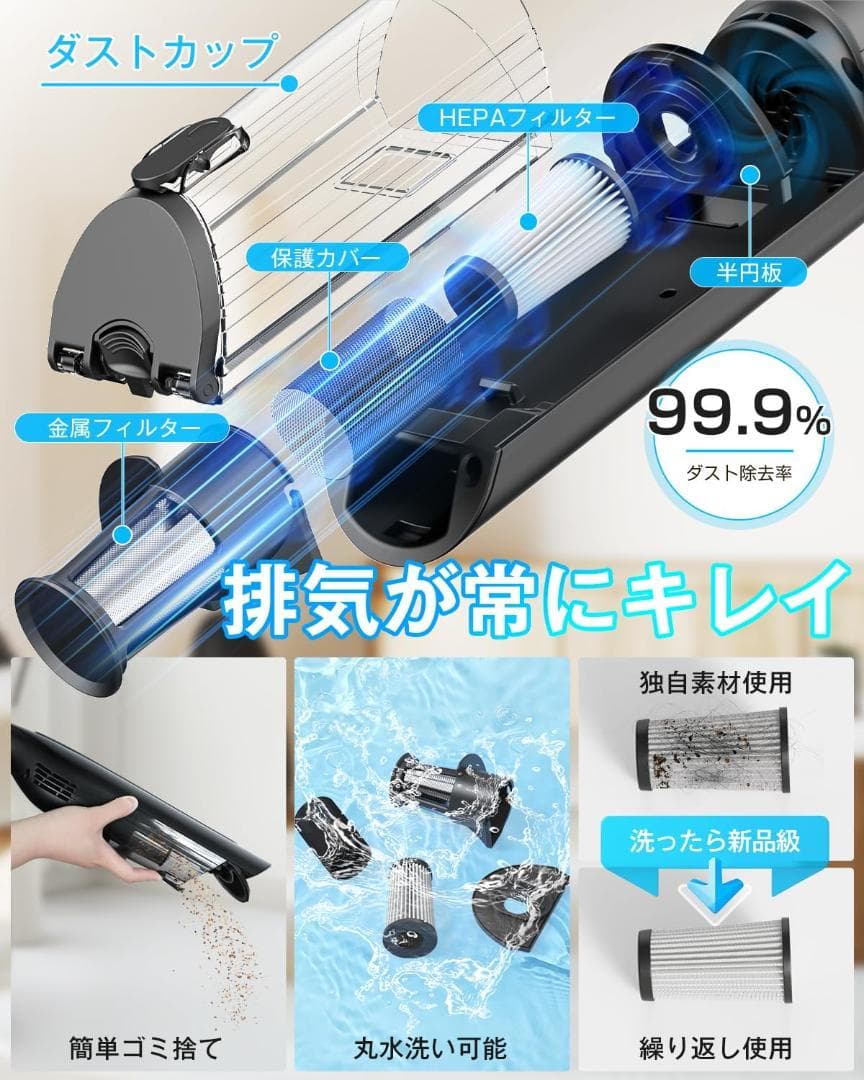 掃除機 コードレス 38000pa ハンディクリーナー スティッククリーナー 黒