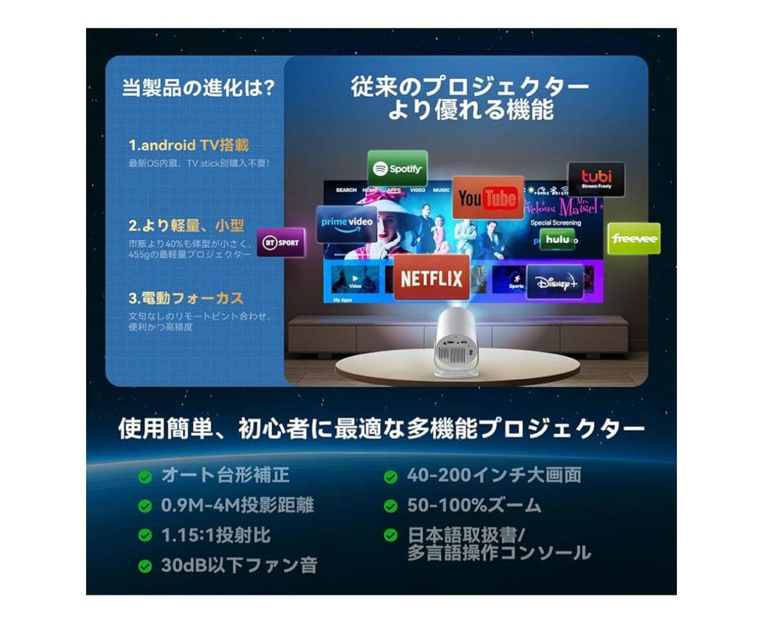 4K対応 Android TV内蔵 プロジェクター本体
