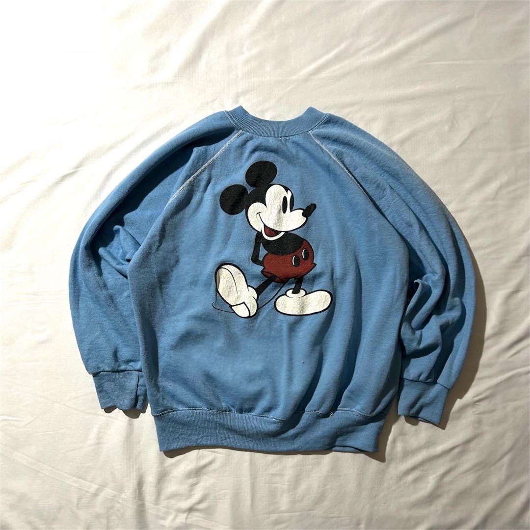 80sミッキーマウスプリント 白足 スウェット vintage 水色 短丈