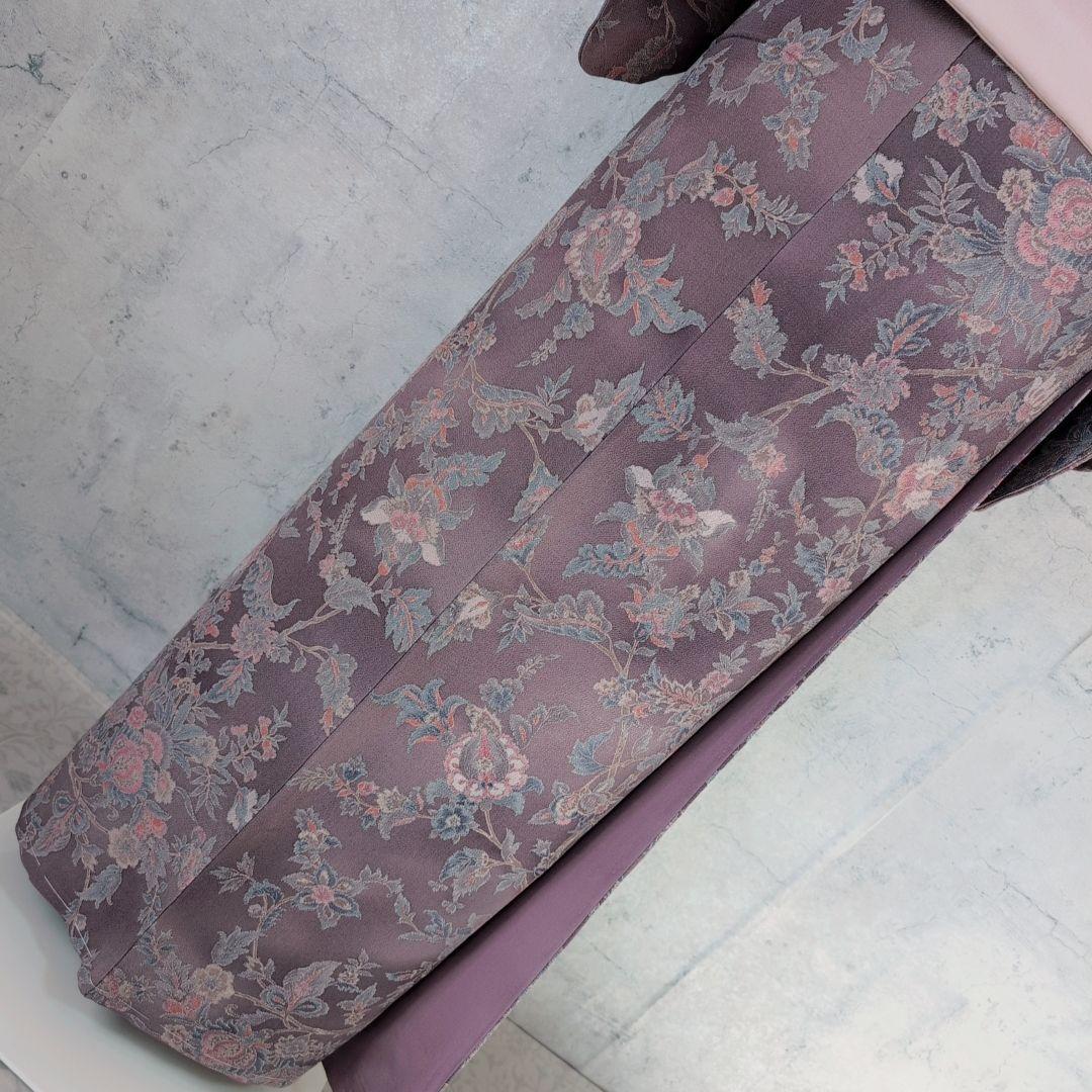 小紋　フルセット　着物　正絹　更紗　暗紫　花　縮緬　おしゃれ　D2