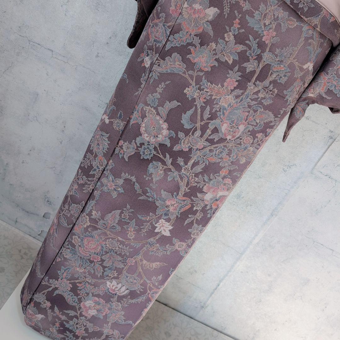 小紋　フルセット　着物　正絹　更紗　暗紫　花　縮緬　おしゃれ　D2