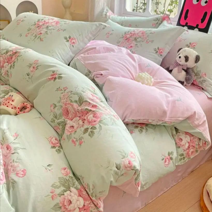 蕾新品★ミント＆ピンク薔薇小花綿100%シングル掛け布団カバー1枚枕カバー2枚