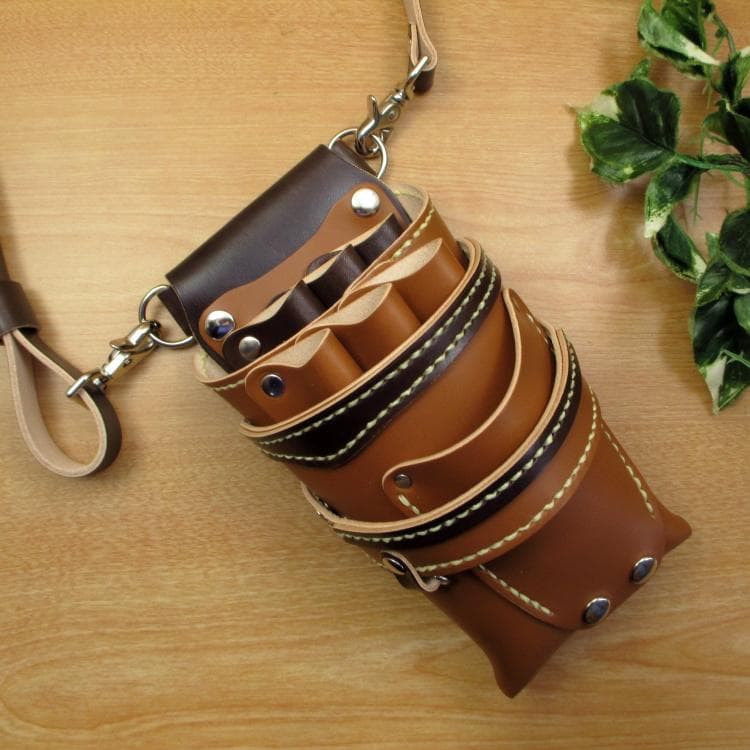 キャメル＆焦げ茶　６丁　革ベルト付き　本革シザーケース　SCL-154/CCA