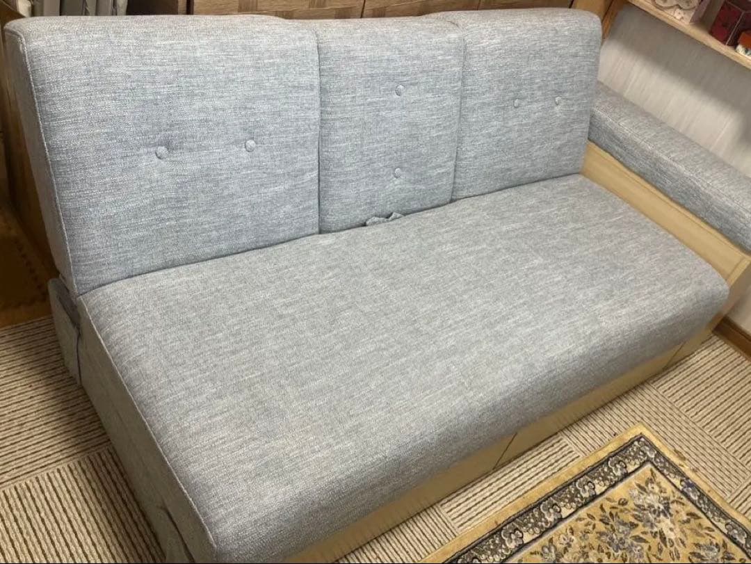 【25日まで値下げ】【メランジグレー×ナチュラル】収納付き3人掛け多機能ソファ