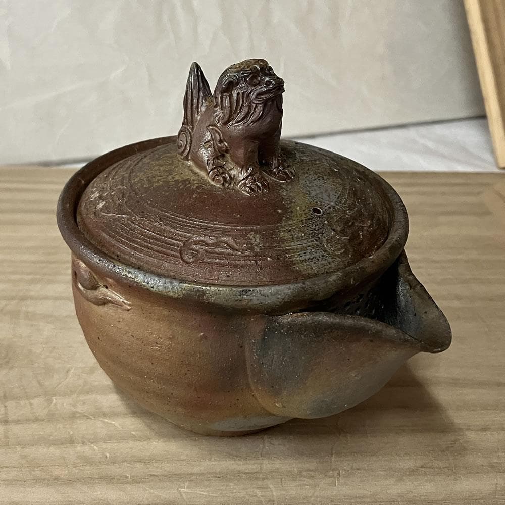 y045 明光窯 備前焼 宝瓶 獅子摘み 共箱 未使用 急須 茶道具