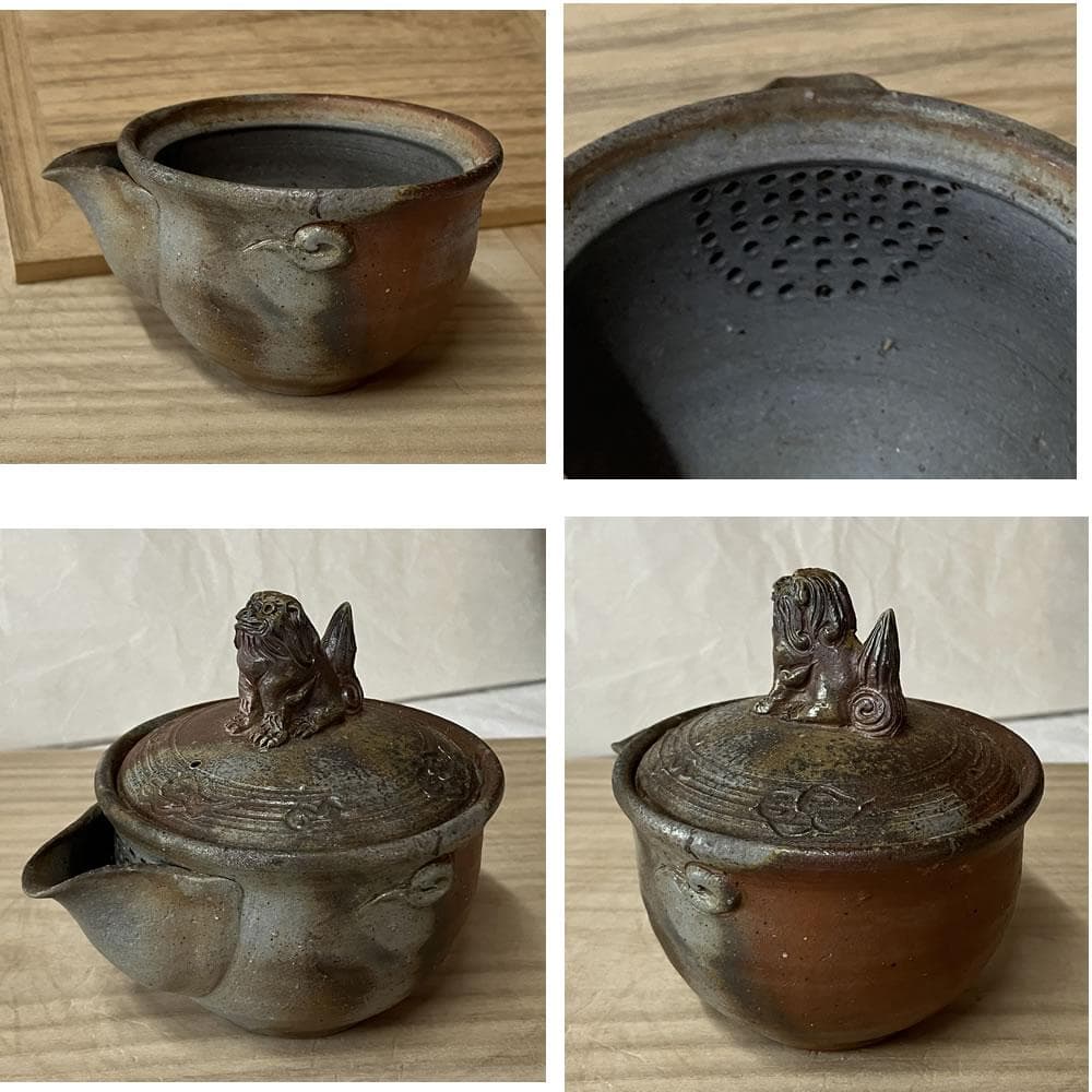 y045 明光窯 備前焼 宝瓶 獅子摘み 共箱 未使用 急須 茶道具
