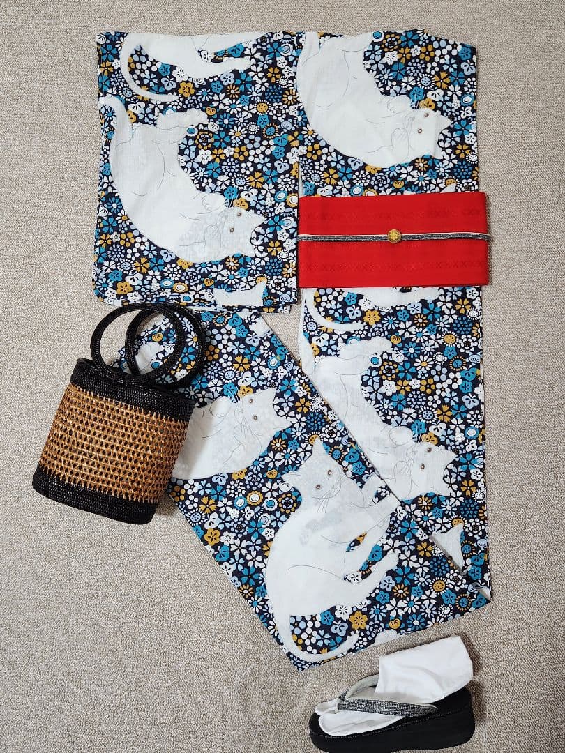 ★猫柄★猫とお花の浴衣 レディース フリーサイズ