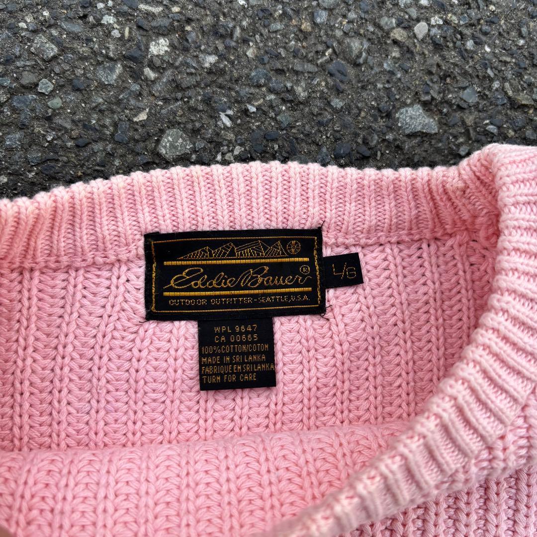 80s 黒タグ Eddie Bauer ピンク コットンニット 太編み