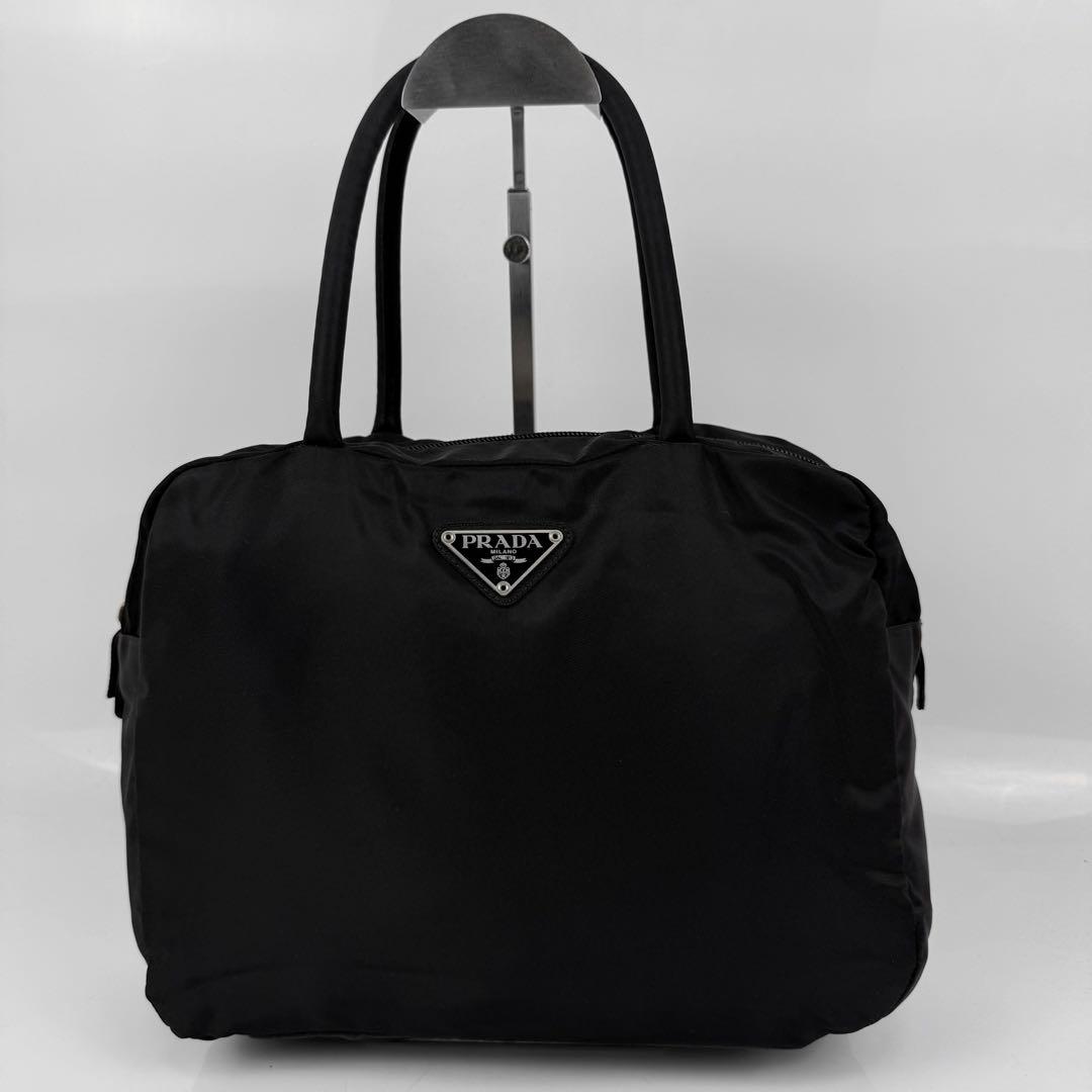 【美品】PRADA プラダ ミニボストンバッグ 三角ロゴ ナイロン 黒 白タグ