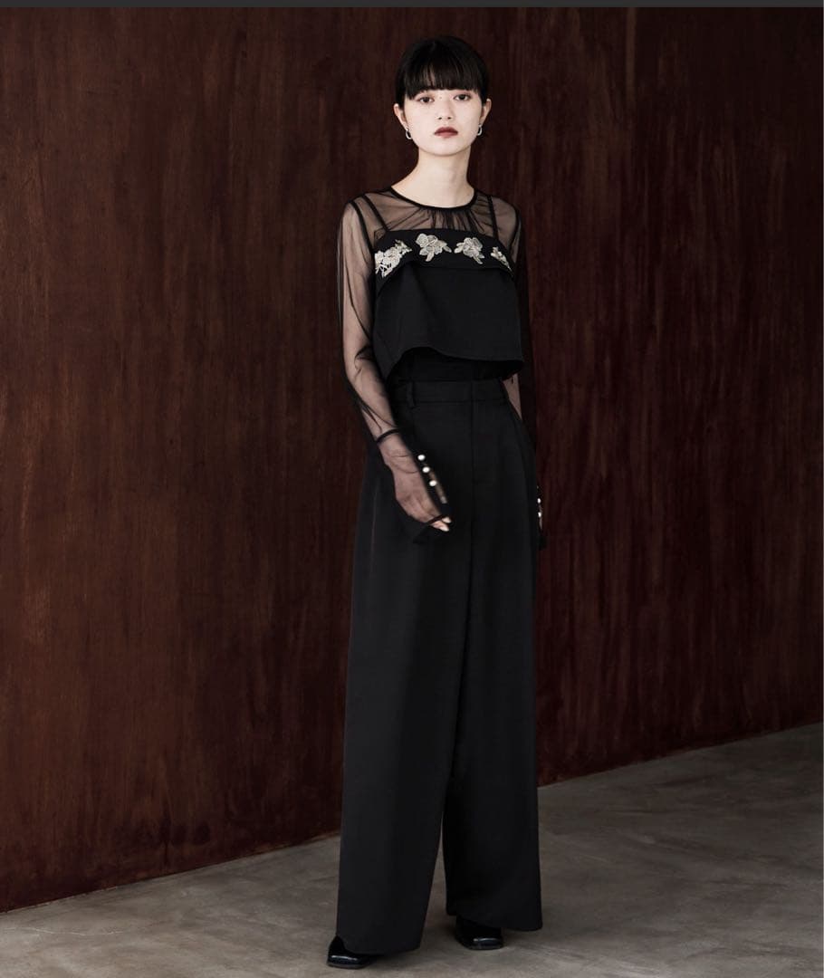 etoll. リボン刺繍ビスチェ&ワイドパンツ&シアーインナーSET UP