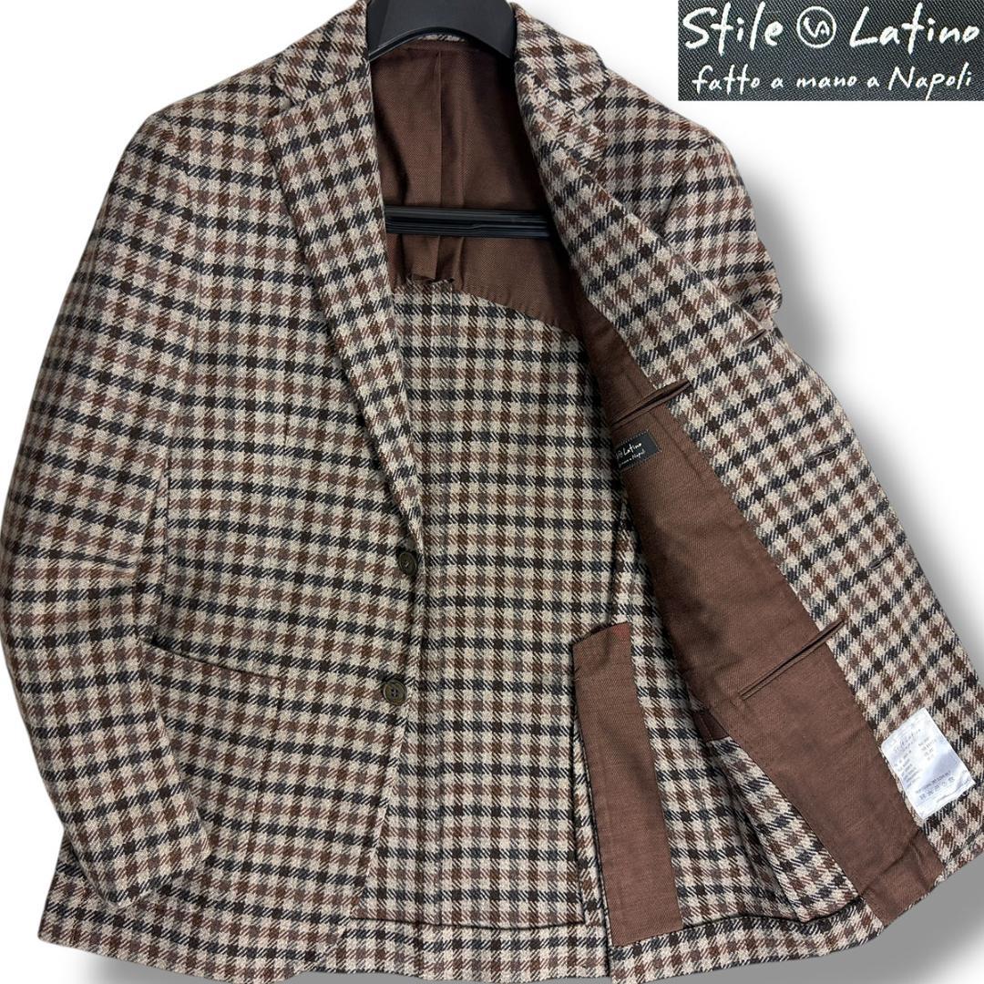 J7392 美品 スティレラティーノ チェック柄ツイードジャケット 茶×灰 46