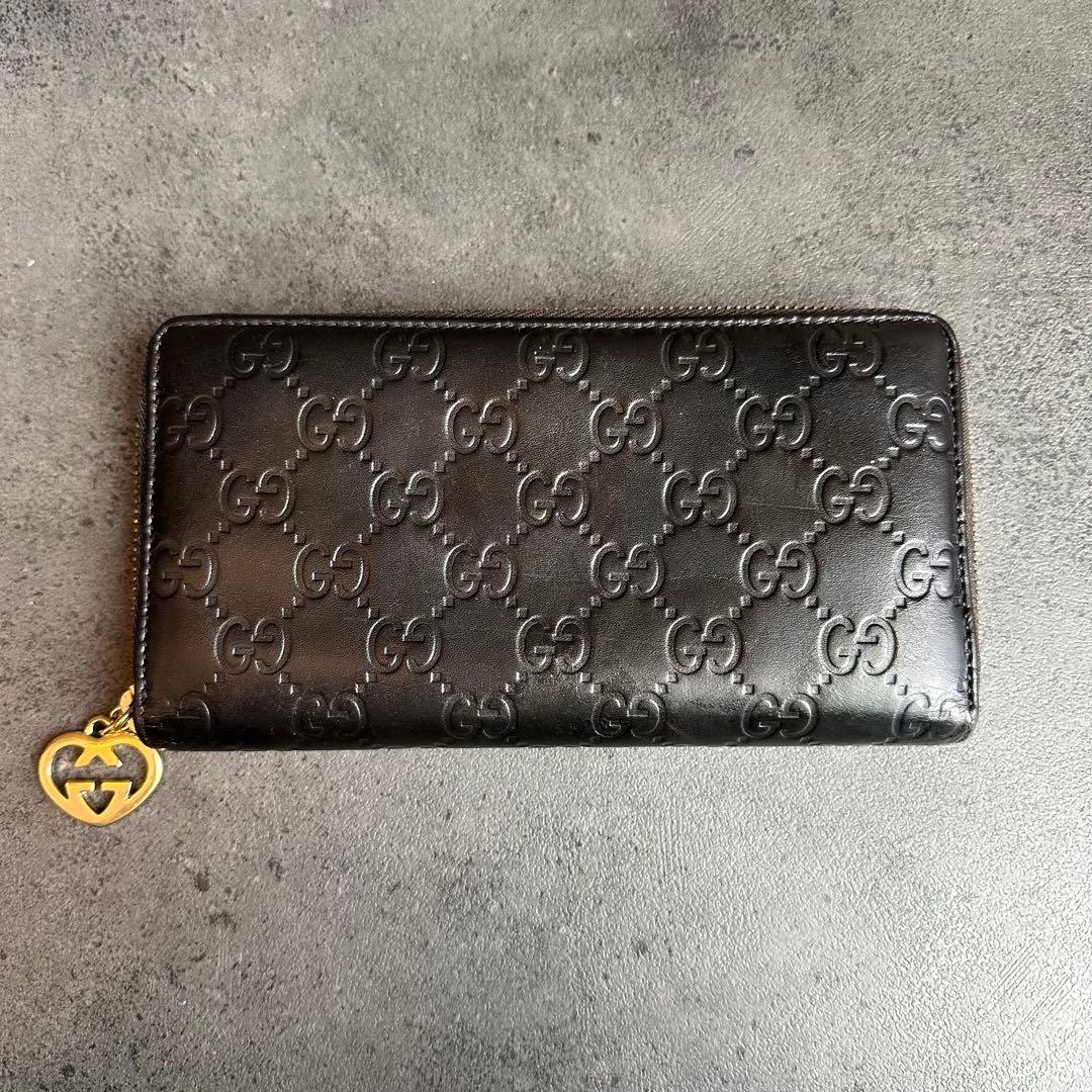 GUCCI GG シマ ラブリーハート レザー 長財布　ラウンドジップ　黒