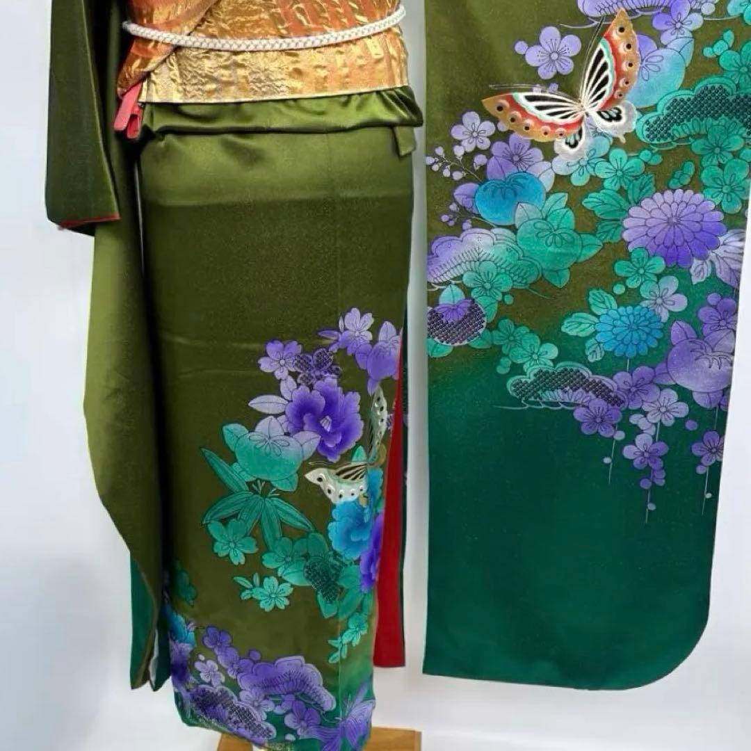 豪華振袖10点フルセット　緑系　ラメ　金彩 松竹梅　牡丹　つけ袖黒レース　可愛い
