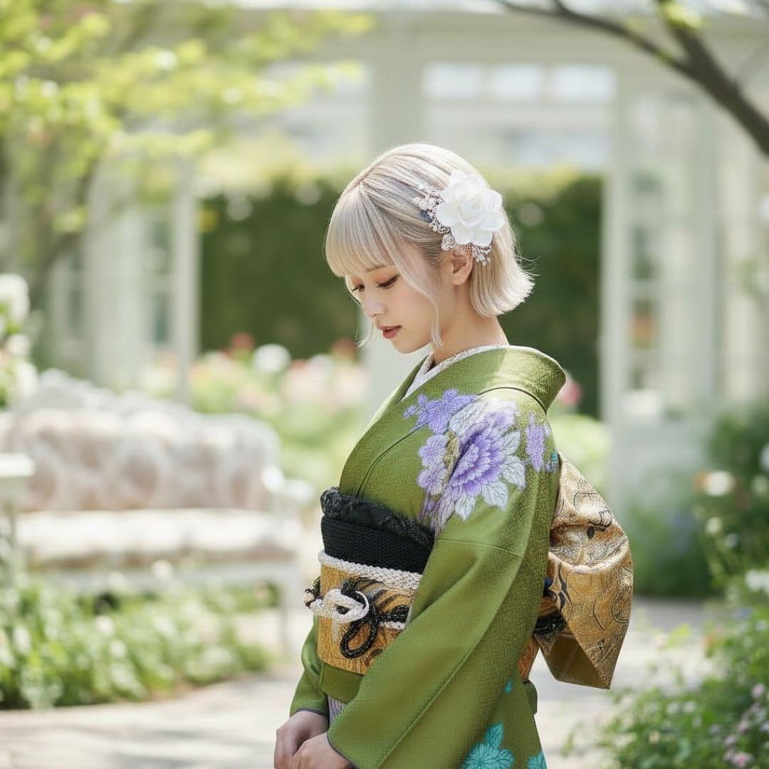 豪華振袖10点フルセット　緑系　ラメ　金彩 松竹梅　牡丹　つけ袖黒レース　可愛い