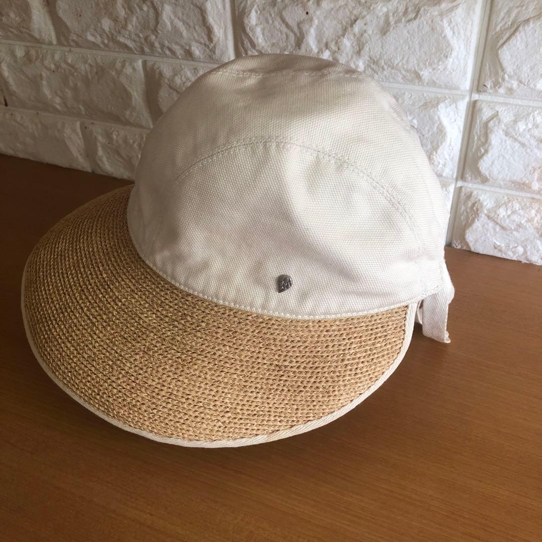 リボン付きつば広帽子 ホワイトベージュ