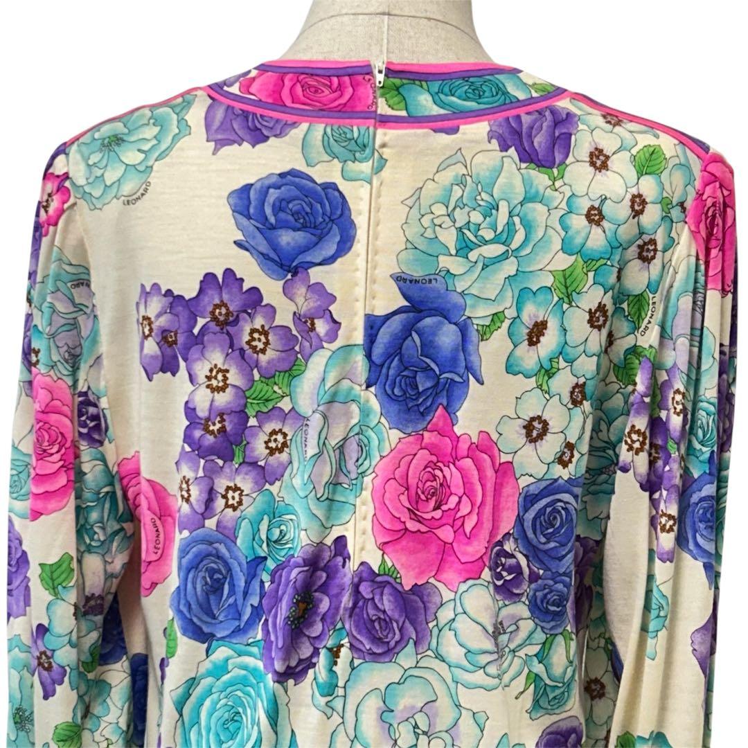 LEONARD 花柄 ウールシルクワンピース ベルト付 M ギャザースリーブ