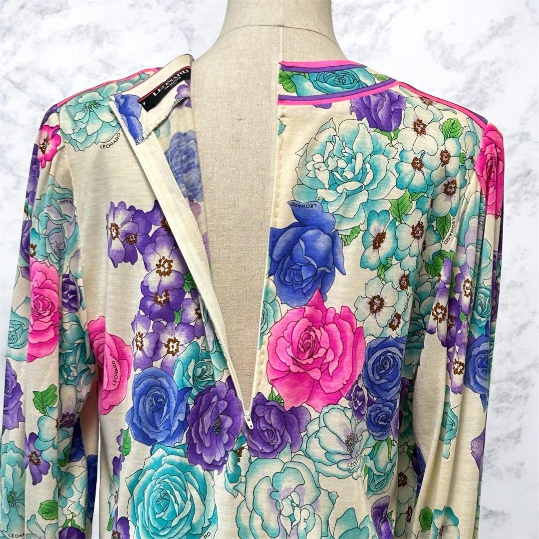 LEONARD 花柄 ウールシルクワンピース ベルト付 M ギャザースリーブ