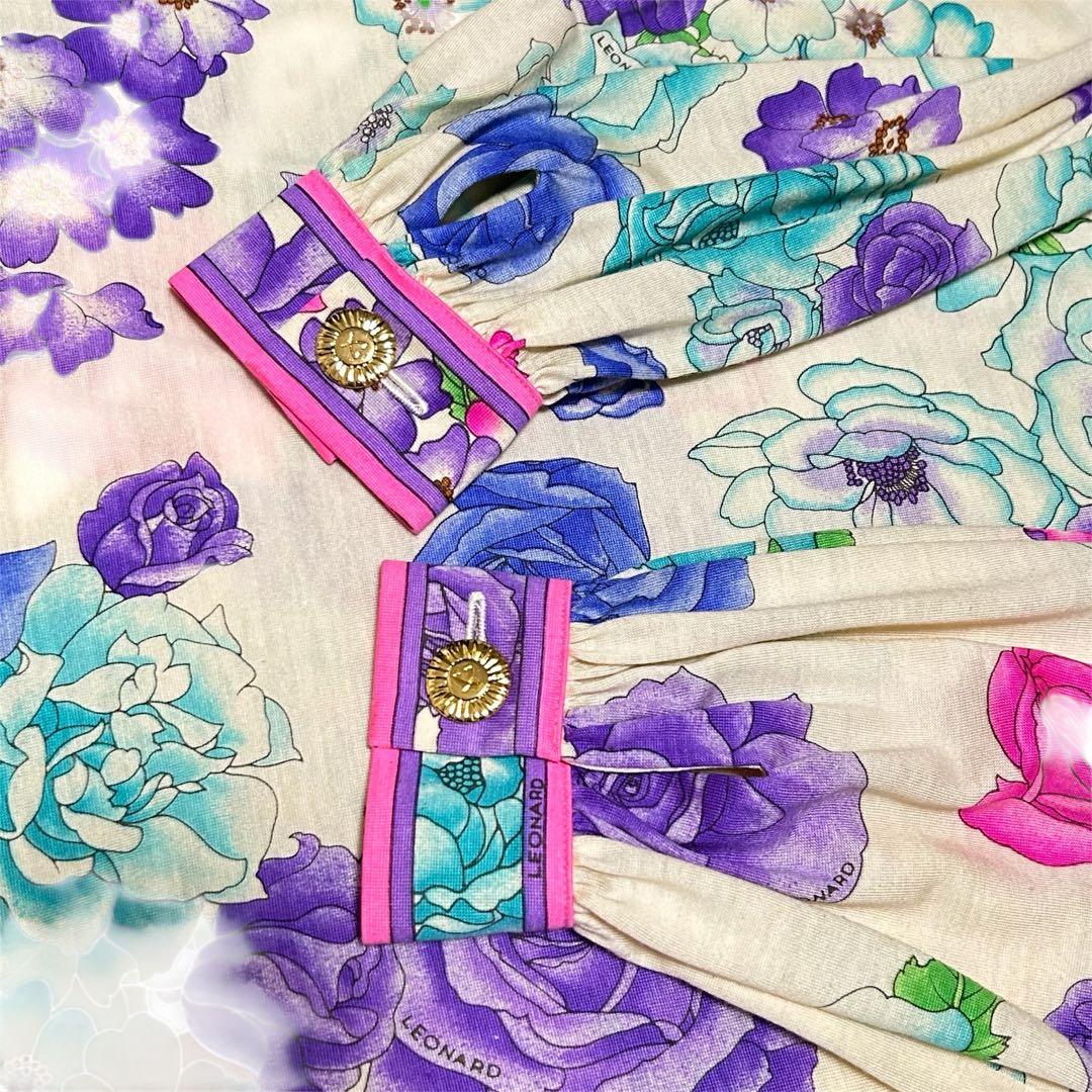 LEONARD 花柄 ウールシルクワンピース ベルト付 M ギャザースリーブ