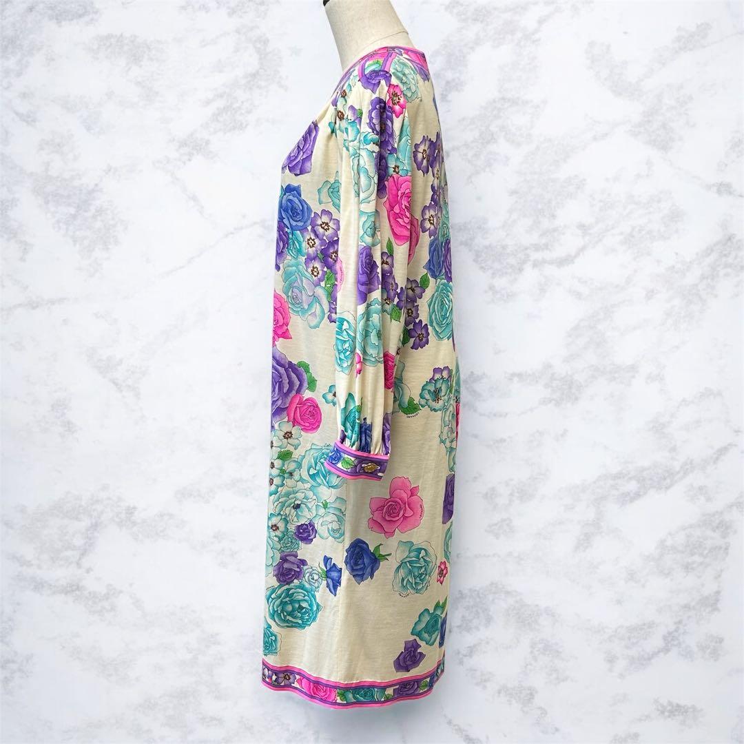 LEONARD 花柄 ウールシルクワンピース ベルト付 M ギャザースリーブ