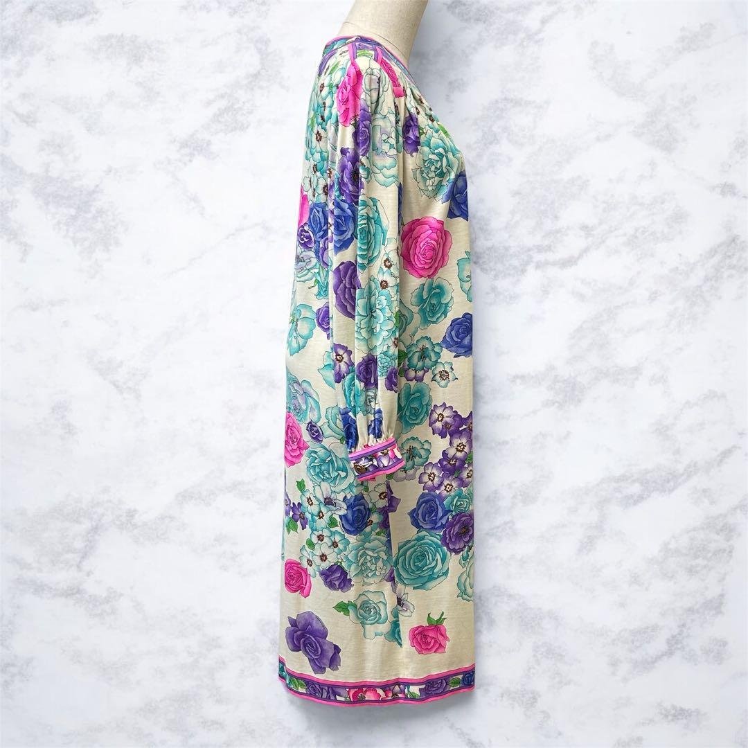 LEONARD 花柄 ウールシルクワンピース ベルト付 M ギャザースリーブ