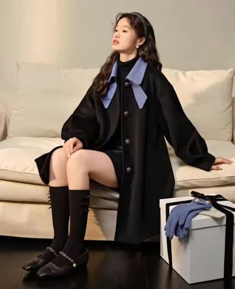 バイカラー リボンコート ブラック