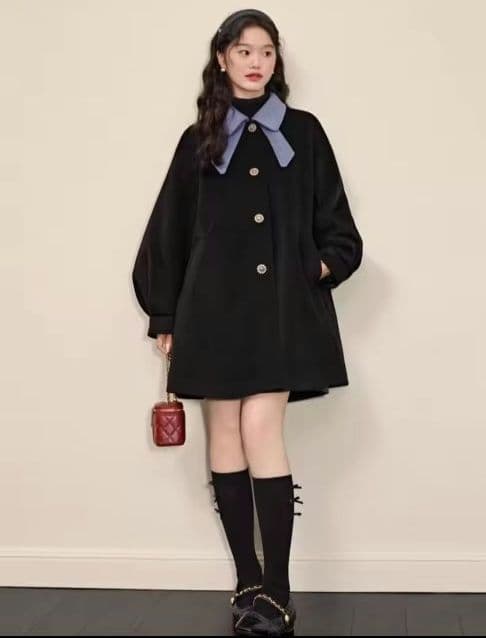 バイカラー リボンコート ブラック