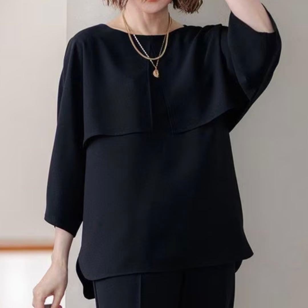 【洗える】23区　ストレッチジョーゼット ケープデザイン カットソー