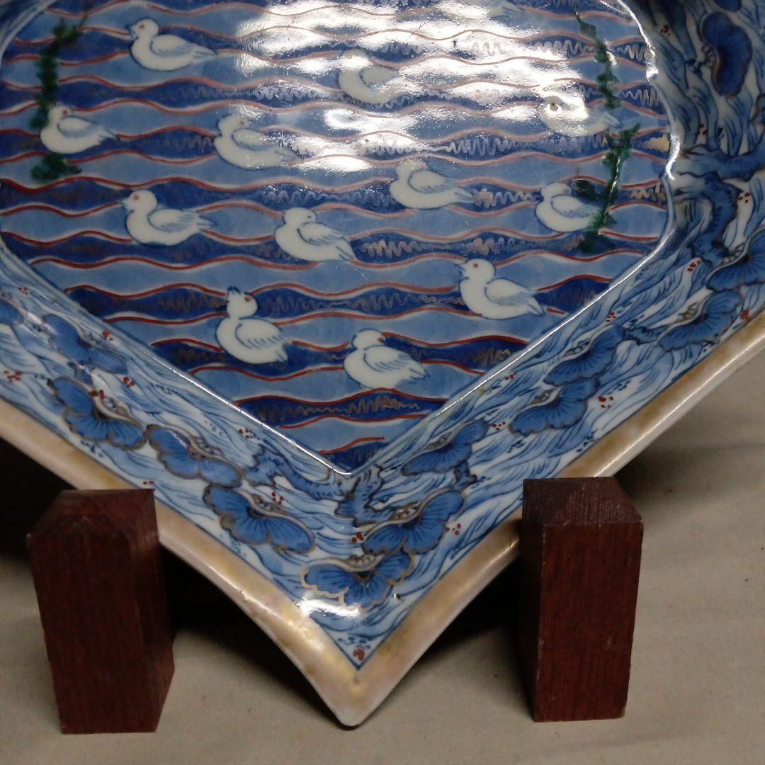古伊万里　色絵染付　珍品　五葉松縁　波千鳥文　擬宝珠型皿　変形皿　尺皿　江戸後期