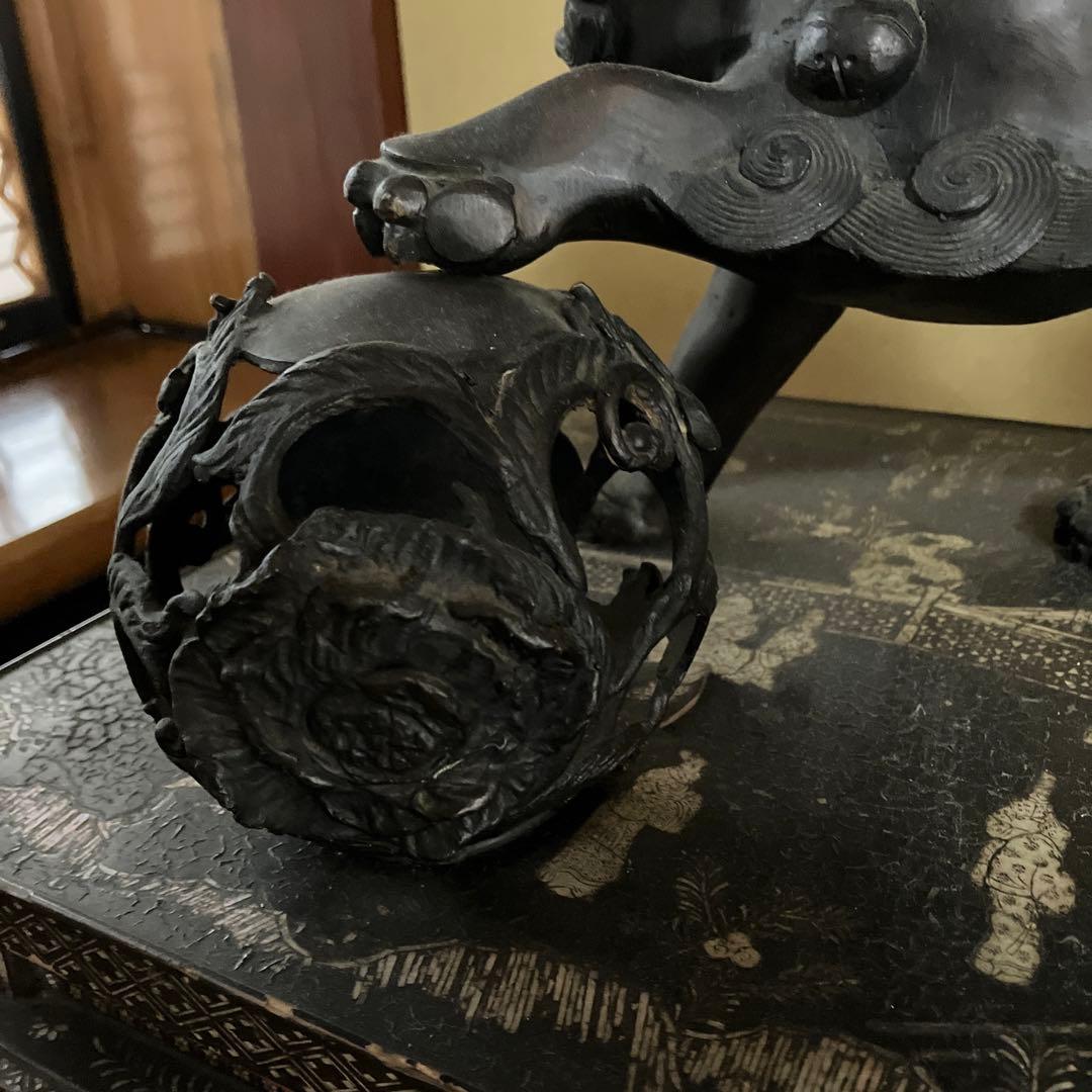 玉獅子香炉　玉獅子置物　銅製　置き物　縁起物　厄除け　高岡銅器　骨董品