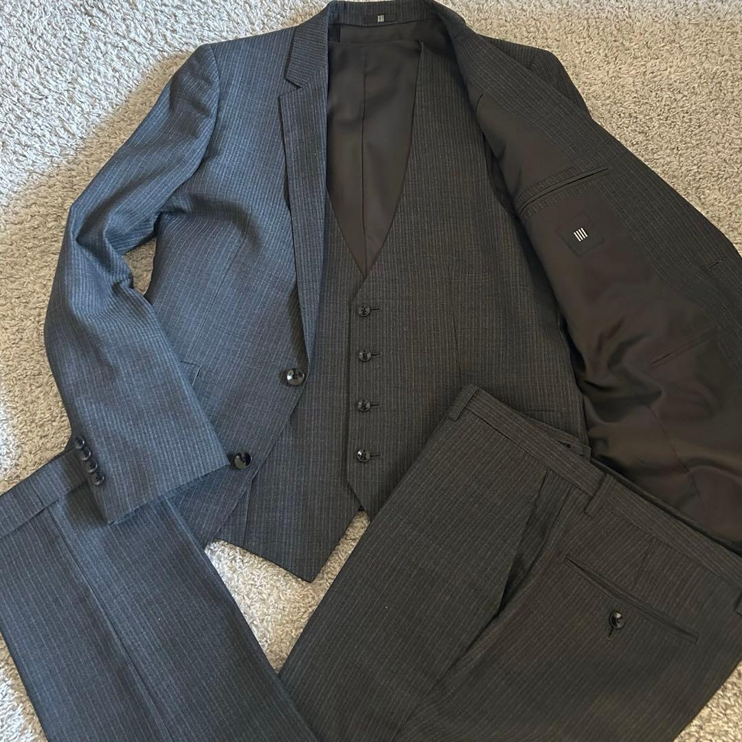 【美品】スーツセレクト 3ピース セットアップ A6 ストライプ グレー系