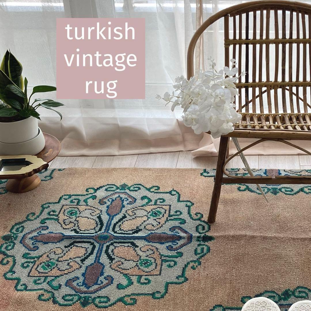 コーラルベージュ77×202グリーン　メダリオンランナー　トルコヴィンテージラグ