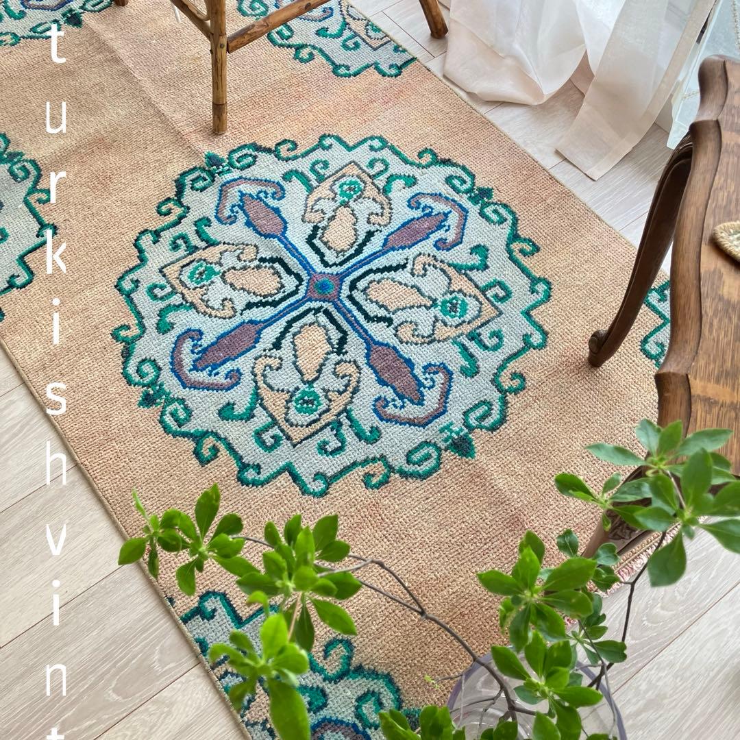 コーラルベージュ77×202グリーン　メダリオンランナー　トルコヴィンテージラグ