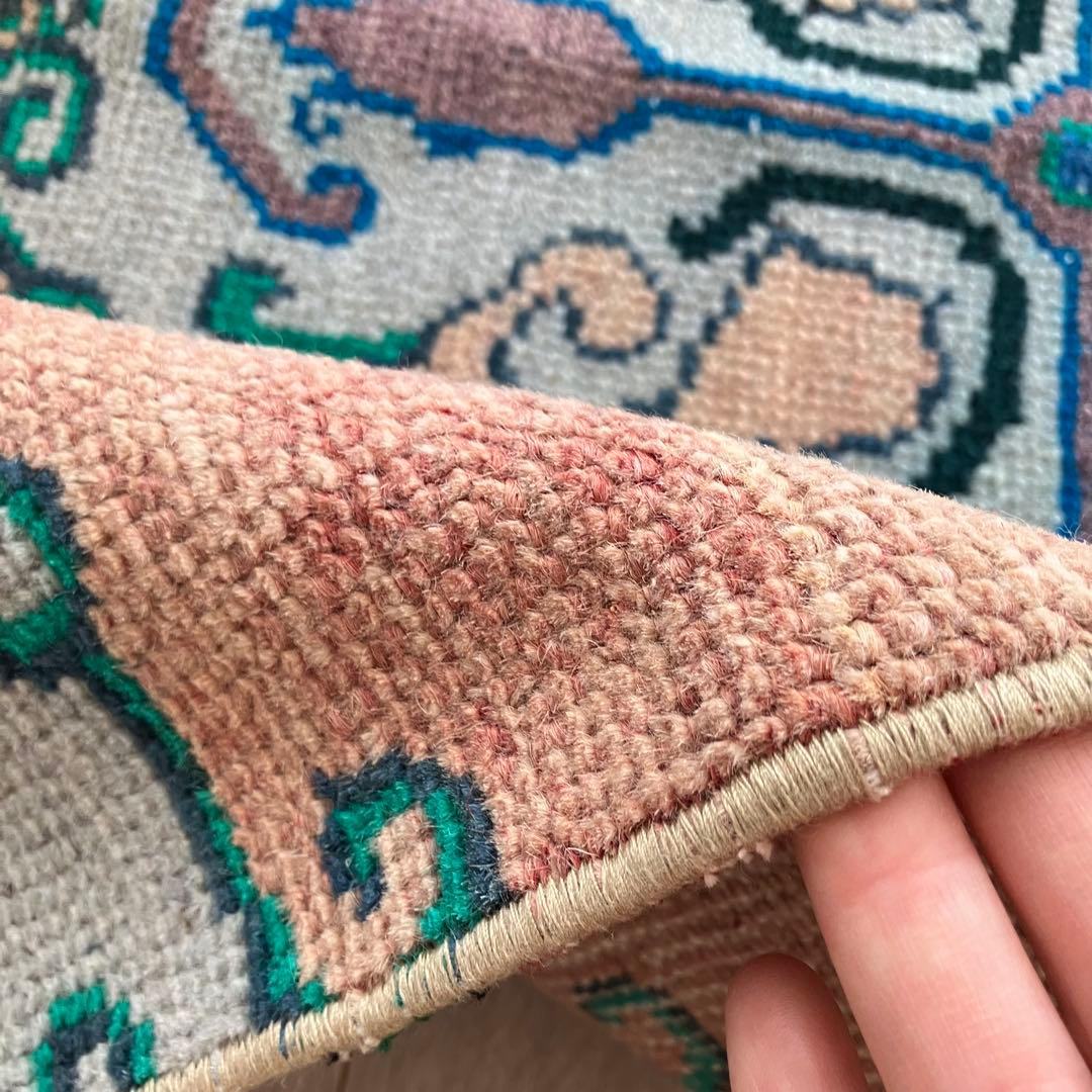 コーラルベージュ77×202グリーン　メダリオンランナー　トルコヴィンテージラグ