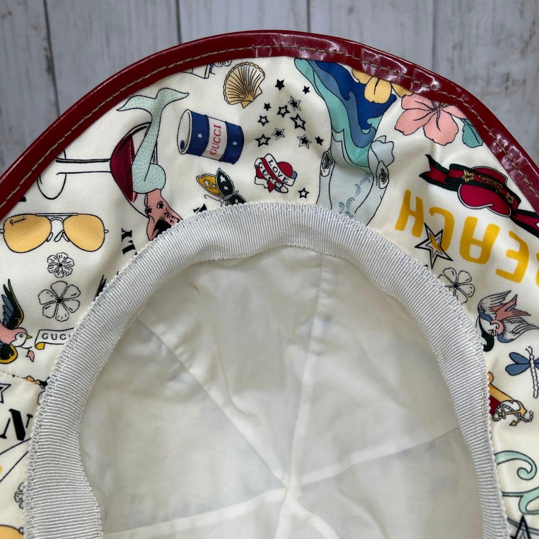 希少　GUCCI バケットハット　プリント　ビーチ　総柄　ホワイト　レッド　帽子