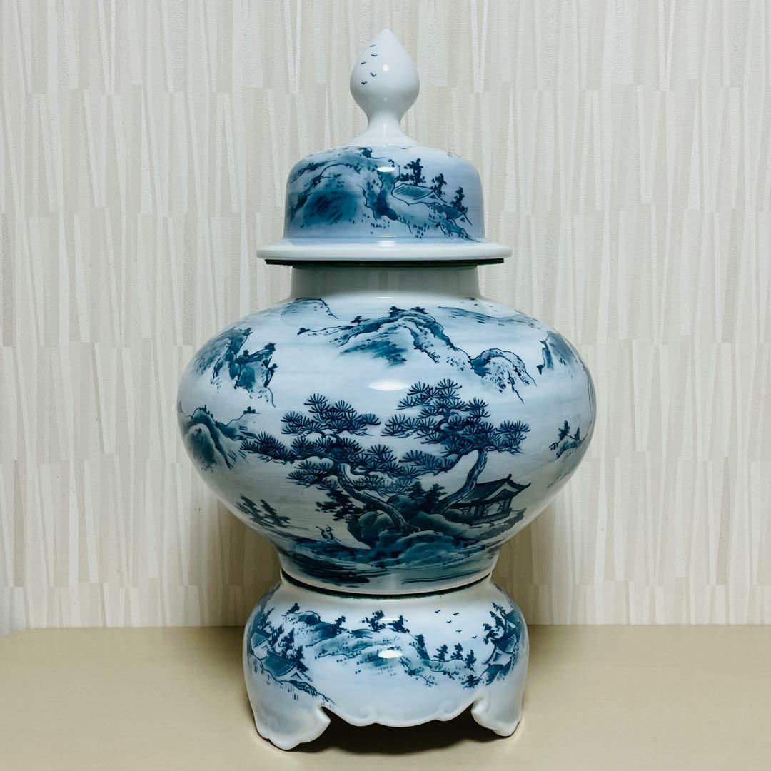 有田焼 勝右衛門作 飾壺 沈香壺 染付山水 立札付 高さ 約49cm