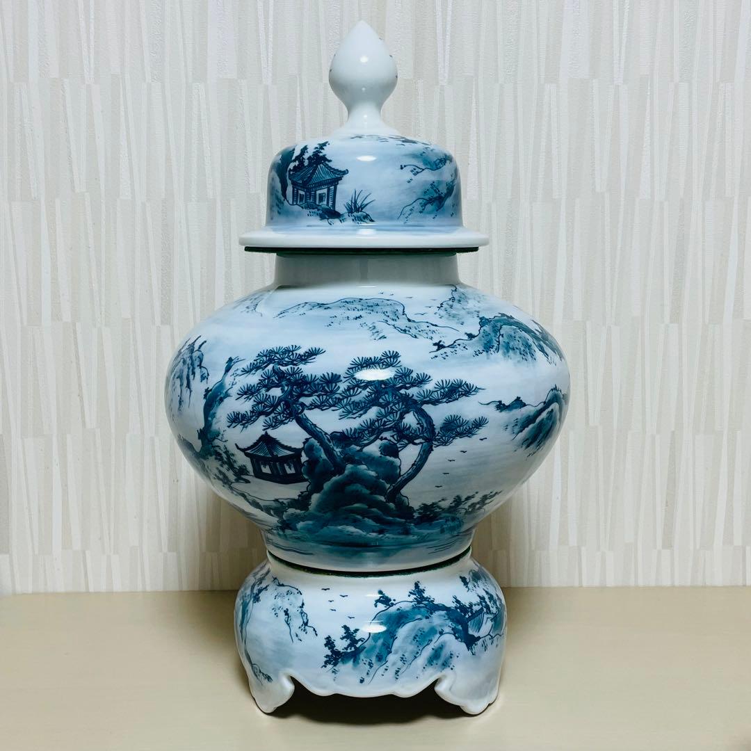 有田焼 勝右衛門作 飾壺 沈香壺 染付山水 立札付 高さ 約49cm