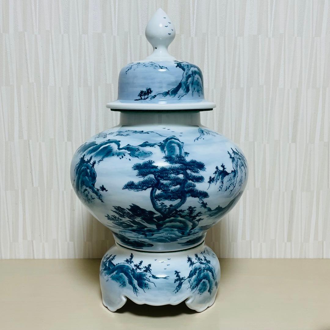 有田焼 勝右衛門作 飾壺 沈香壺 染付山水 立札付 高さ 約49cm