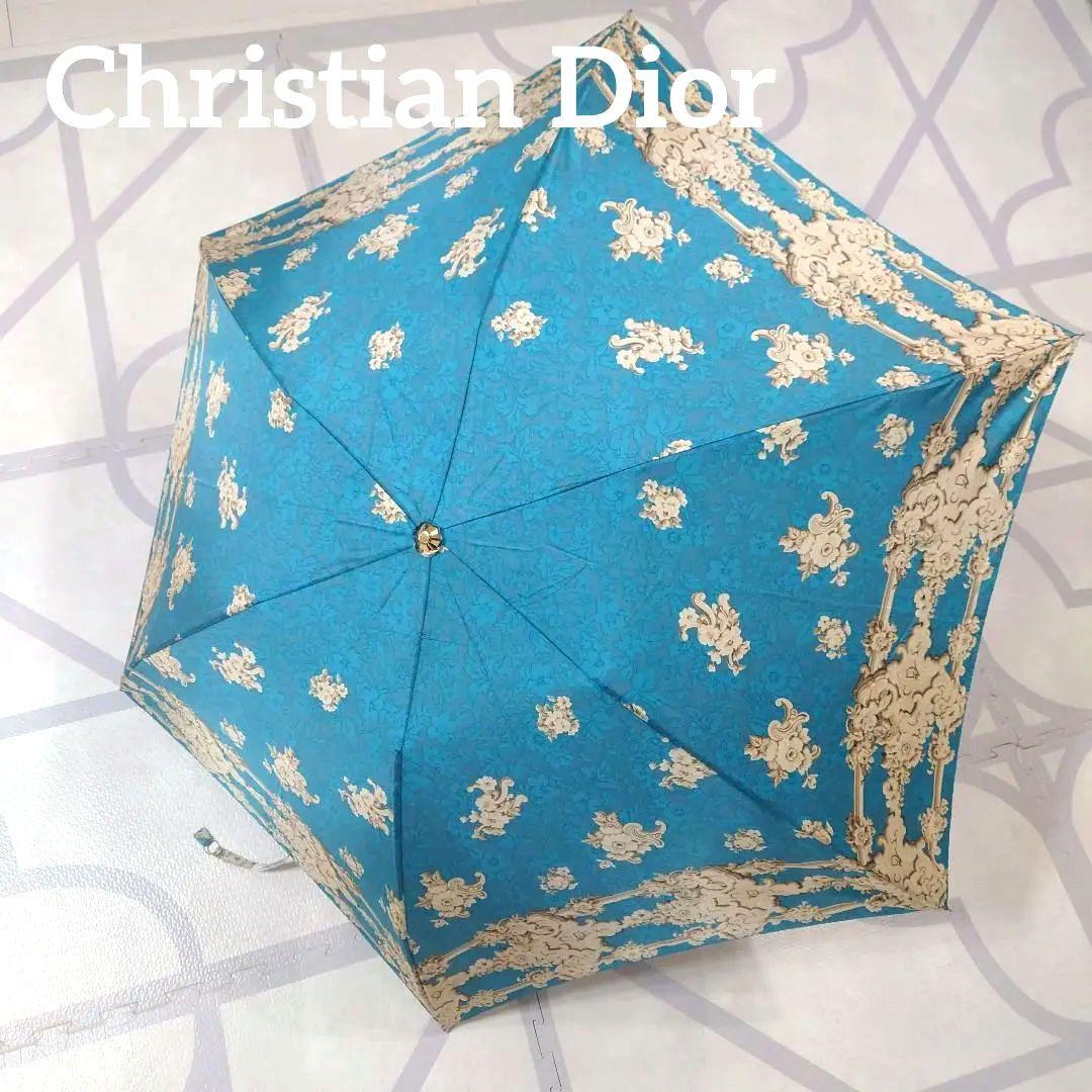 【美品】ChristianDior　3段折り傘　折りたたみ傘　雨傘　ブルー　花柄