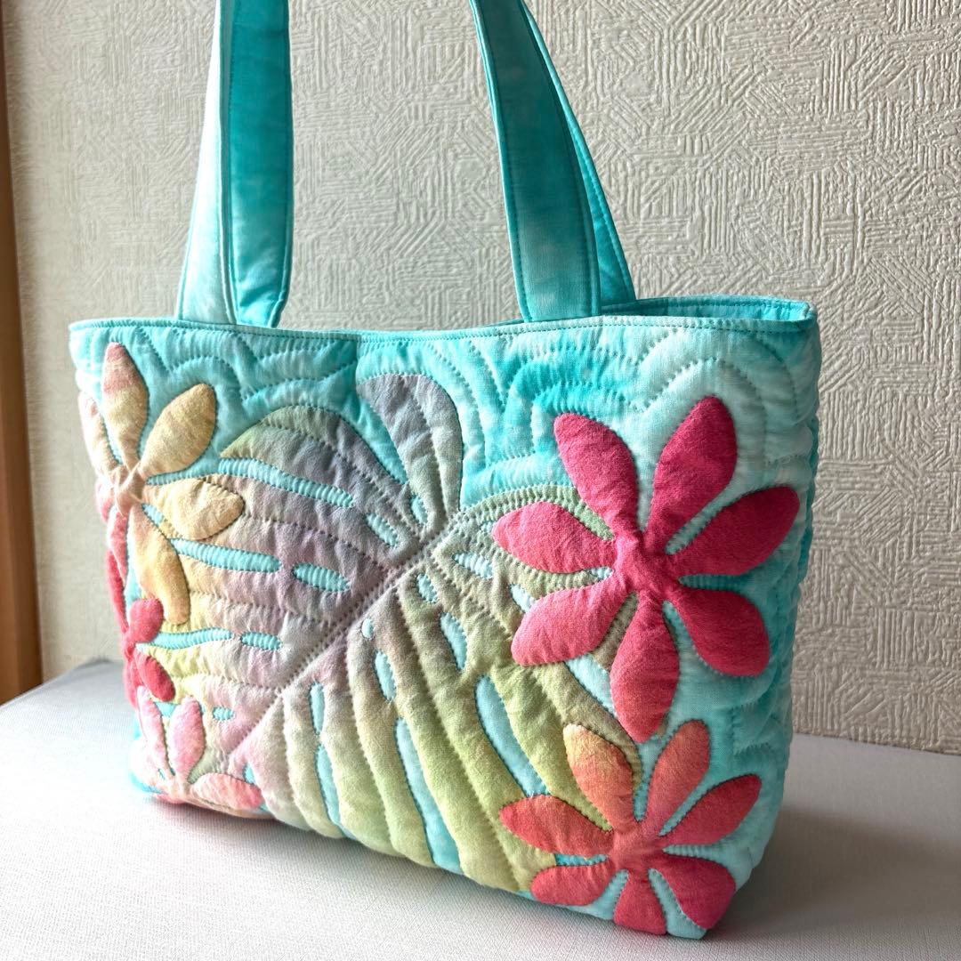 ハワイアンキルト　ハンドメイド　トートバッグ　モンステラ