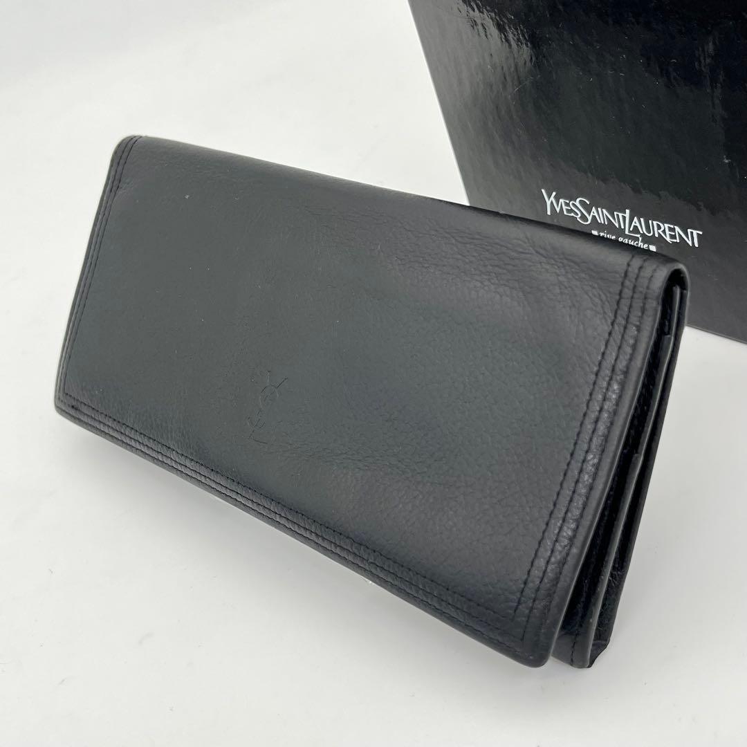 イヴサンローラン 長財布 フラップ 折りたたみ カサンドラ YSLロゴ 黒 本革