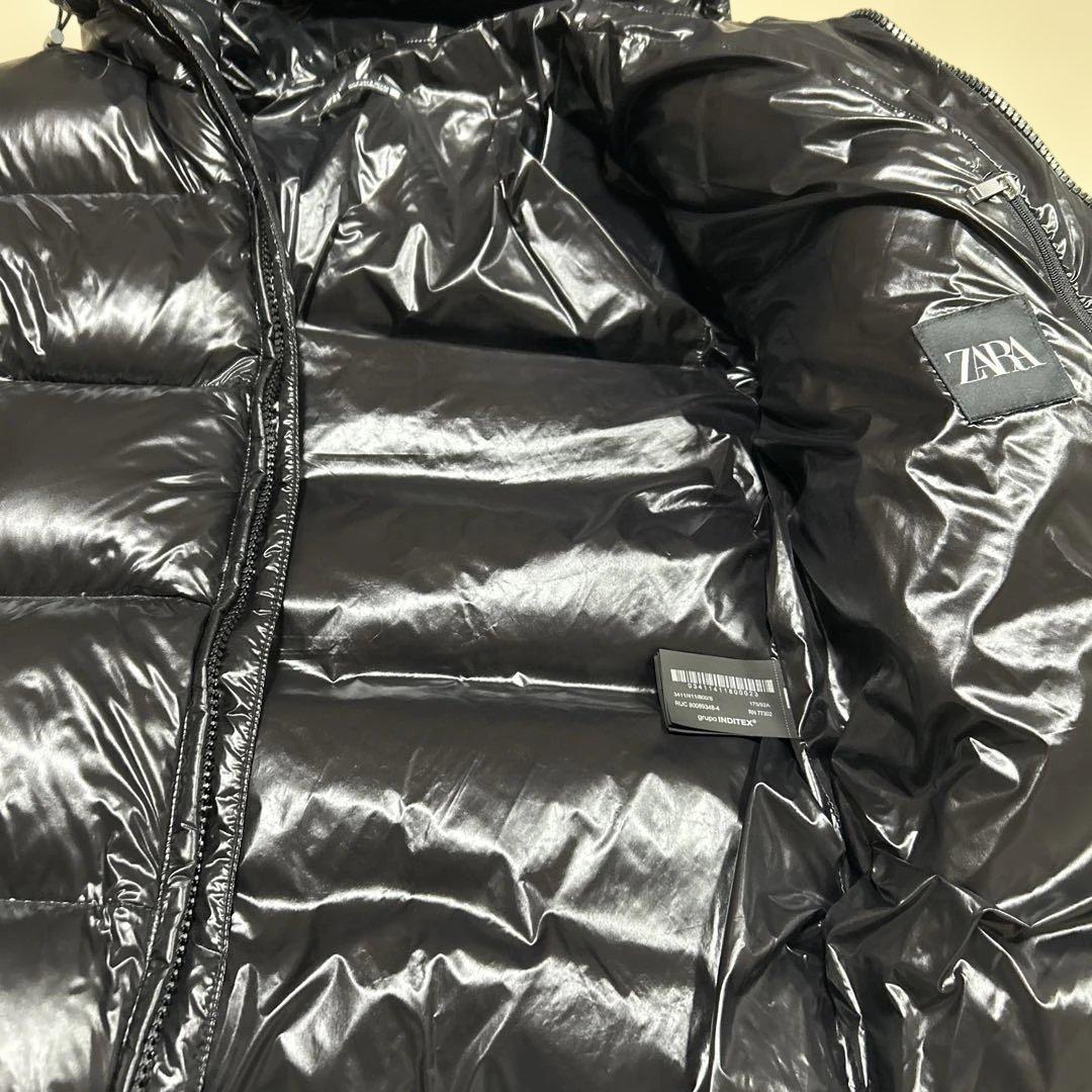【ZARA 】　ダウンジャケット　フード付き　光沢ブラック　S 希少　ヘタリ無し
