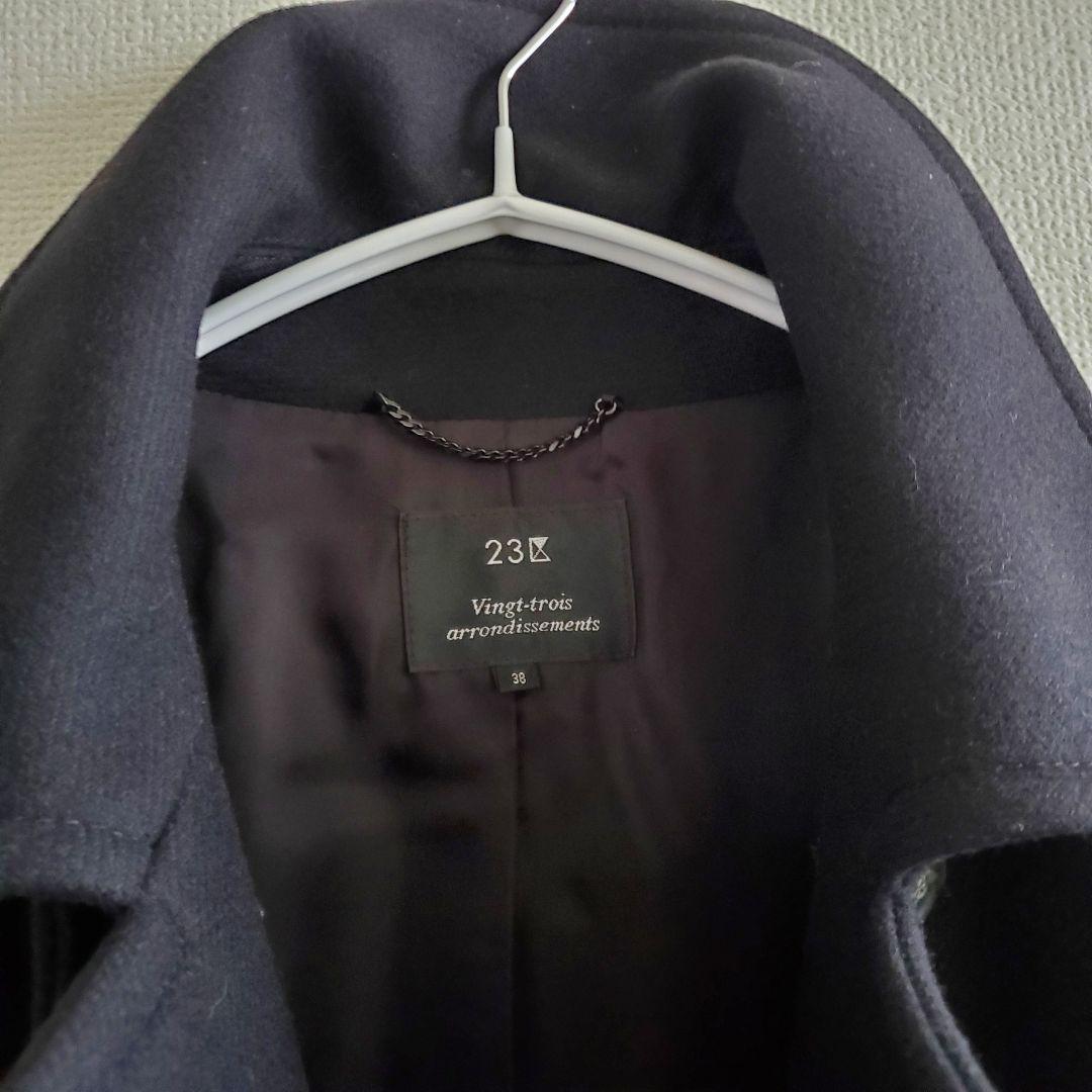 23区 イタリア製 カシミヤ混生地 黒 ピーコート チンストラップ付き 38